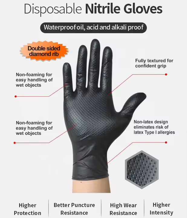 8mil Heavy Black Heavy Duty Diamond Texture Nitrile Gloves for automotive 100
