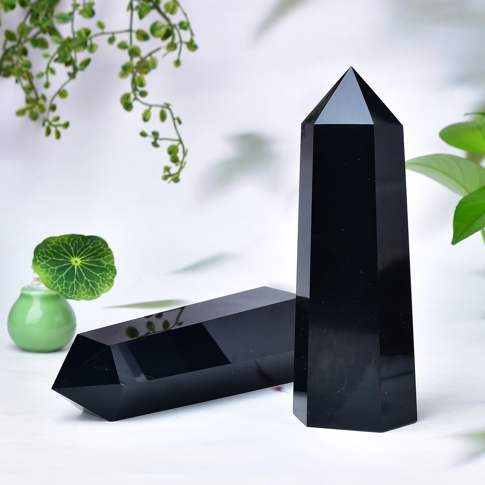 FZBHRO Black Obsidian Tower Large Crystal Point Obelisk 6 Faceted Healing 2.6lb