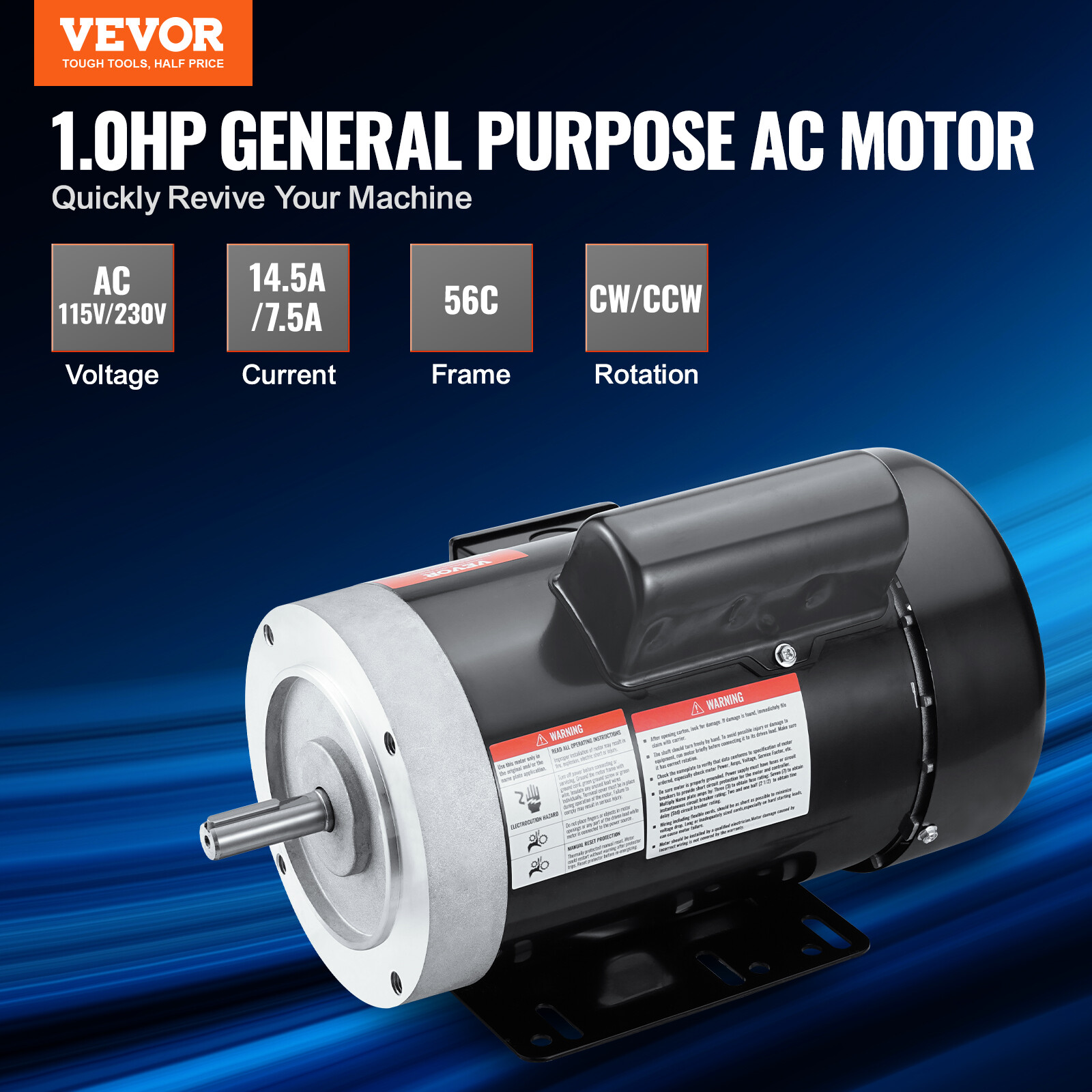VEVOR 1HP Electric Motor 1725RPM 56C Frame 1-Phase 5/8″ Keyed Shaft 115V/230V