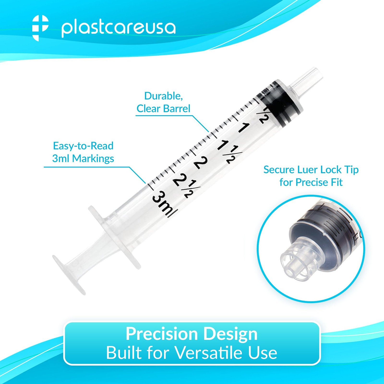 100 3ml Luer Lock Syringe without Needle, Disposable Slip Tip Clear