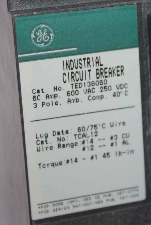 *NEW* GE TED136060 60A 3 Pole 600V Thermal Magnetic Molded Case Circuit Breaker
