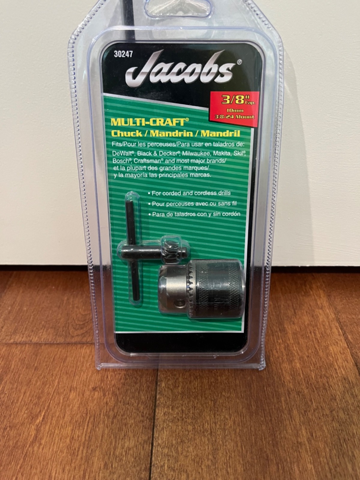 Jacobs 30247 Keyed Taper 3-Flat Shank Drill Chuck 3/8 in. 3/8-24 Mount