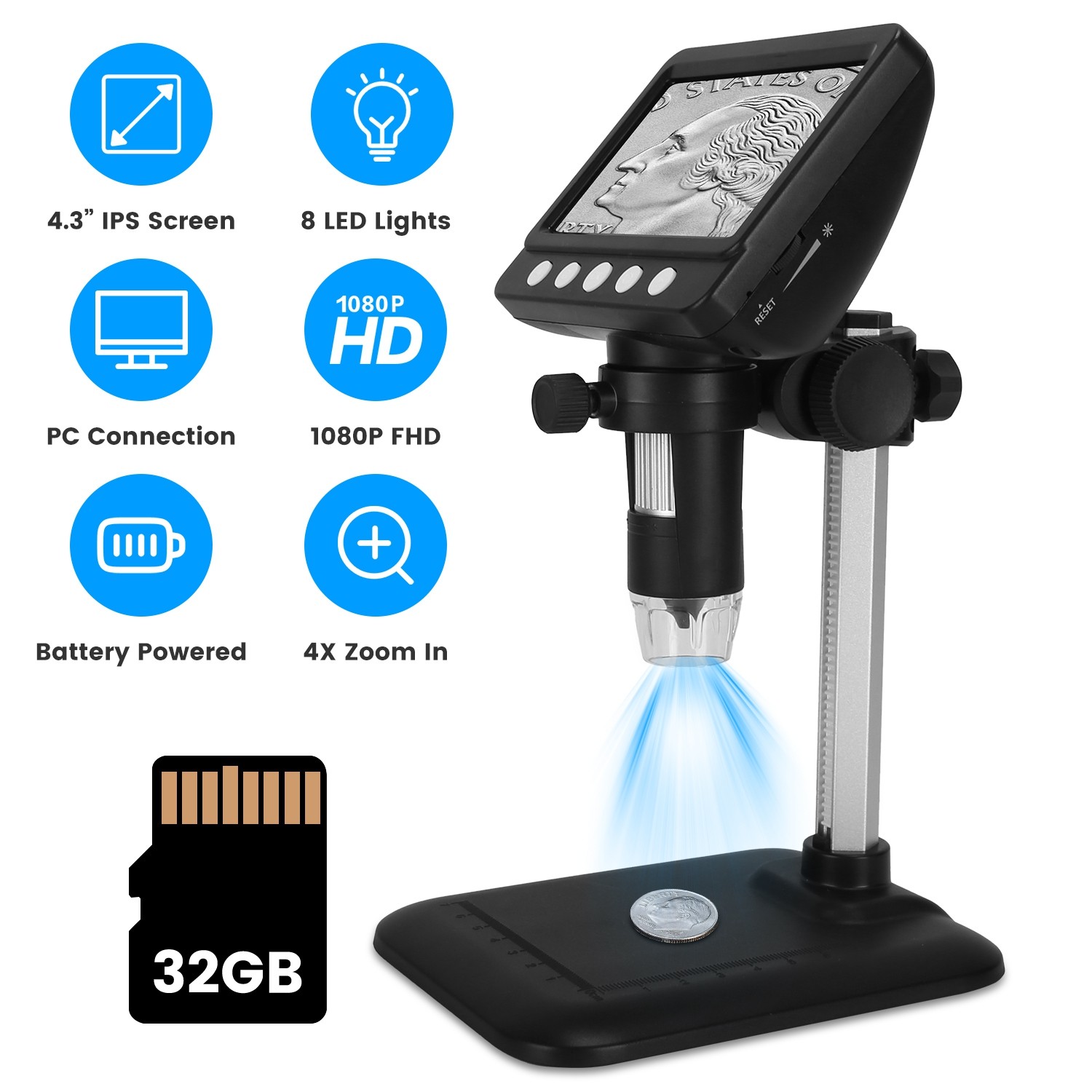4.3In 1080P LCD Digital Microscope Photo Video Magnifier Dimmable LED Lights US