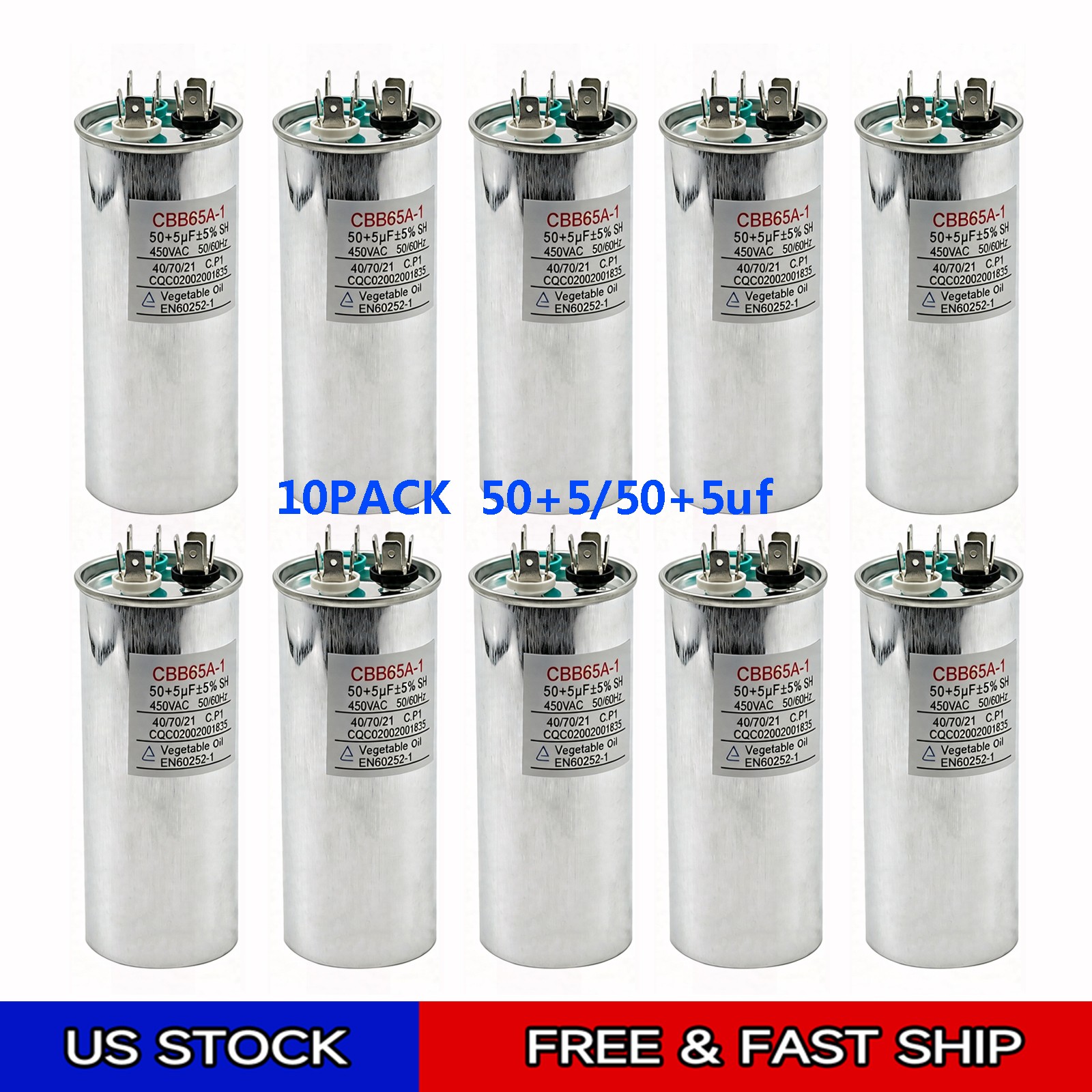 50+5 50/5 uF High Quality Dual Run Capacitor 370-440V 370V 440V VAC CBB65-R 10PC