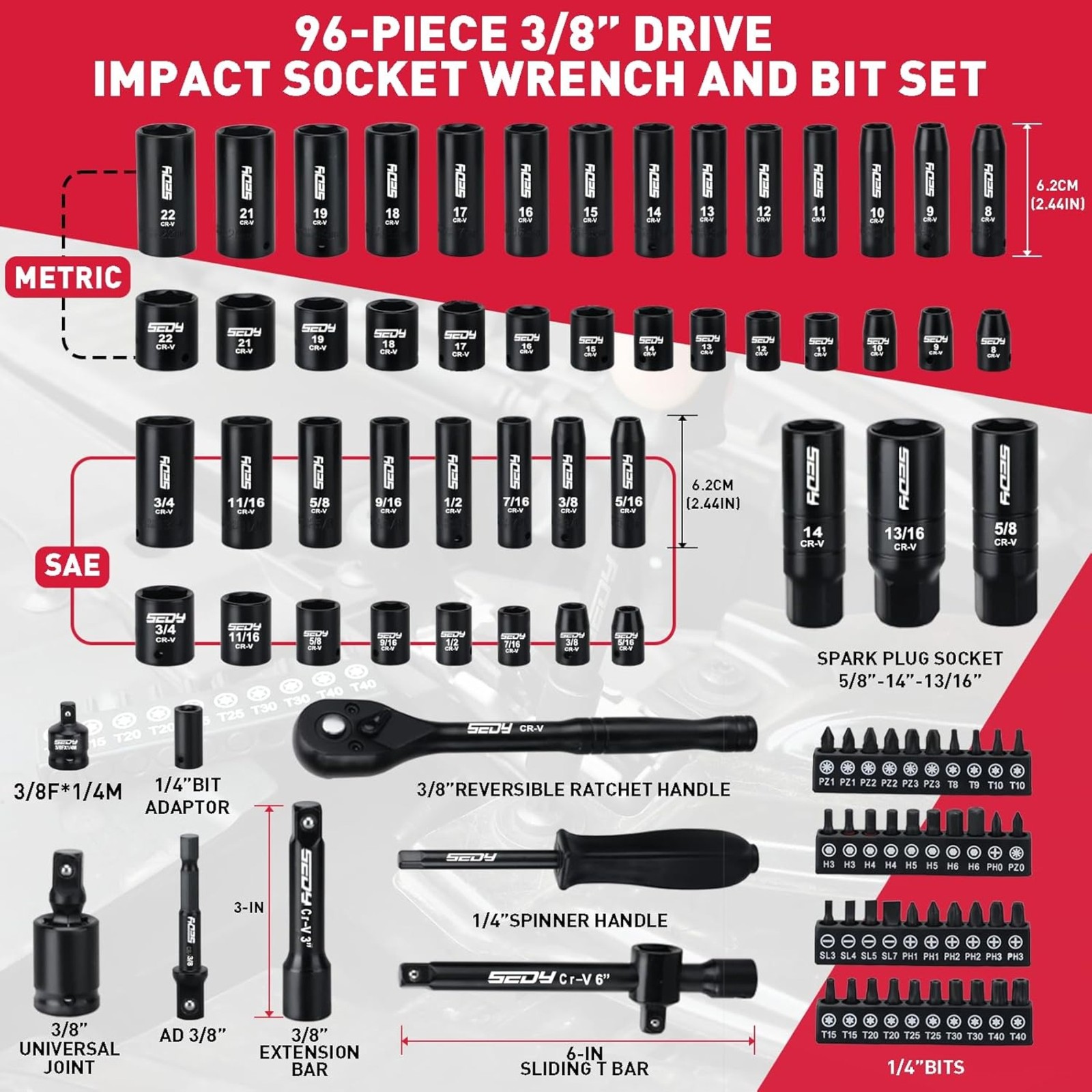 96-Piece 3/8 Drive Impact Socket Wrench and Bit Set, SAE 5/16”-3/4” Metric 8