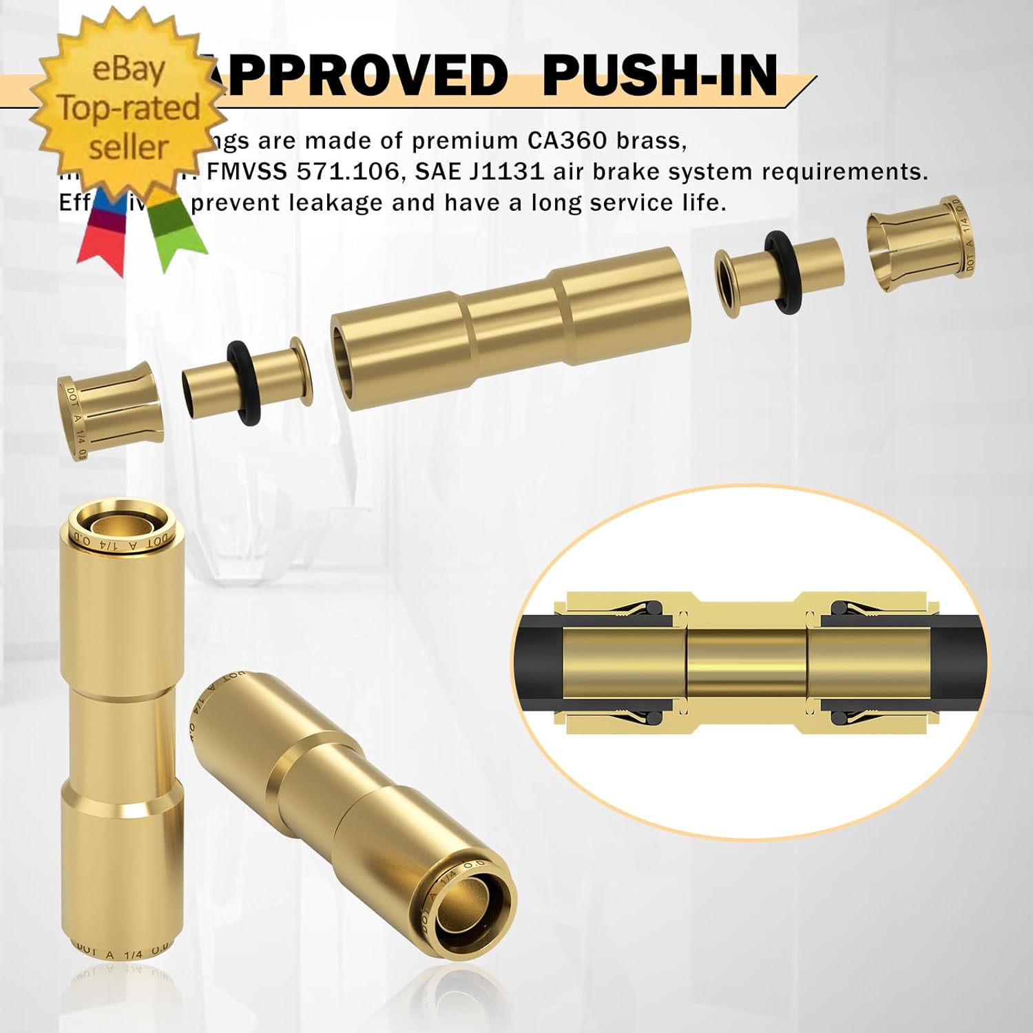 6 PCS 1/4 Brass DOT Air Line Fitting Straight Union Quick Connect Fittings 1/4 A