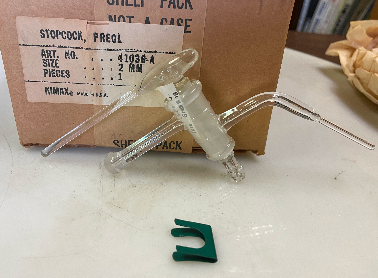Stopcock, Kimble, 41036-A, Stopcock, 2mm Bore, 3-way, Listed as PREGL (Buret)