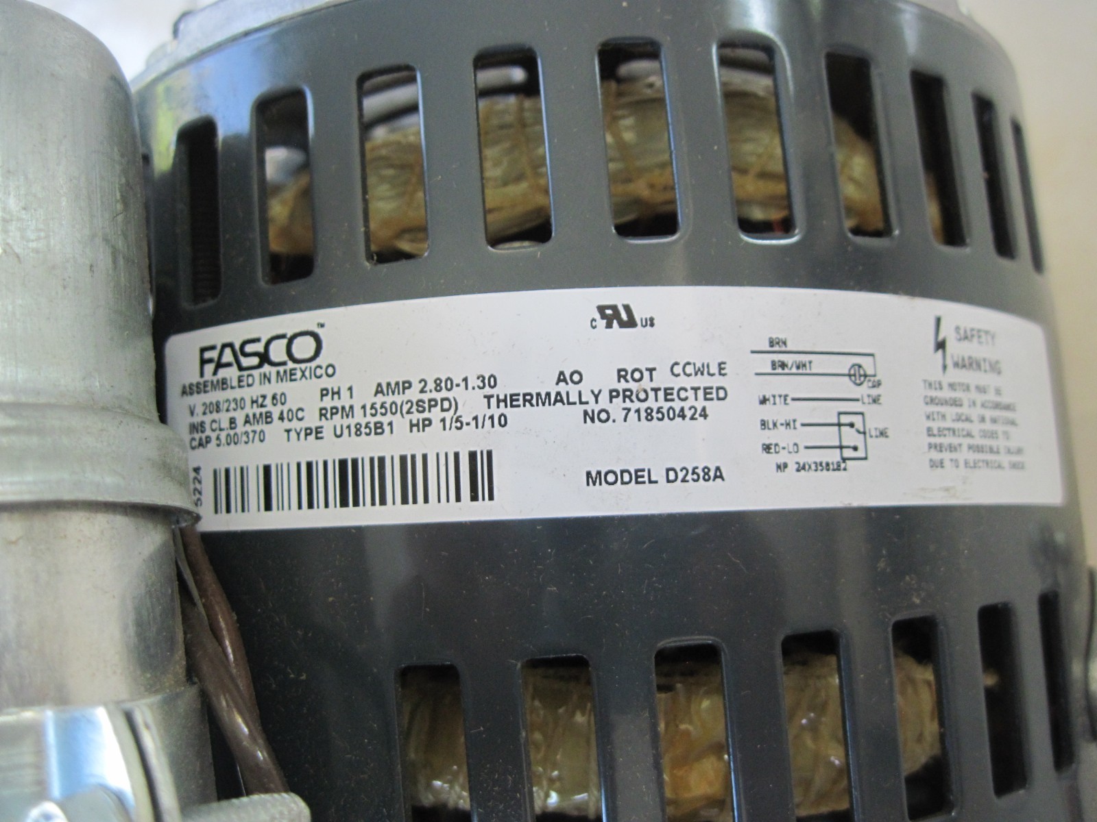 FASCO D258A Motor 1/5-1/10 HP 1550 rpm,42, 208-230V Motor For Fan Coil NEW