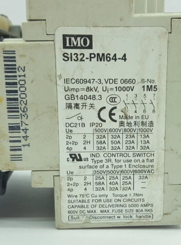 IMO SI32-PM64-4 PANEL MOUNT DC21B SWITCH IP20 NEMA 3R 4 POLE 32A 1000V