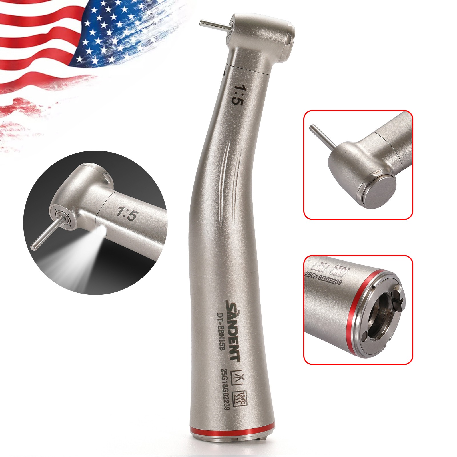 Dental 1:5 Contra Angle Fiber Optic LED Low Speed Handpiece Standard Head