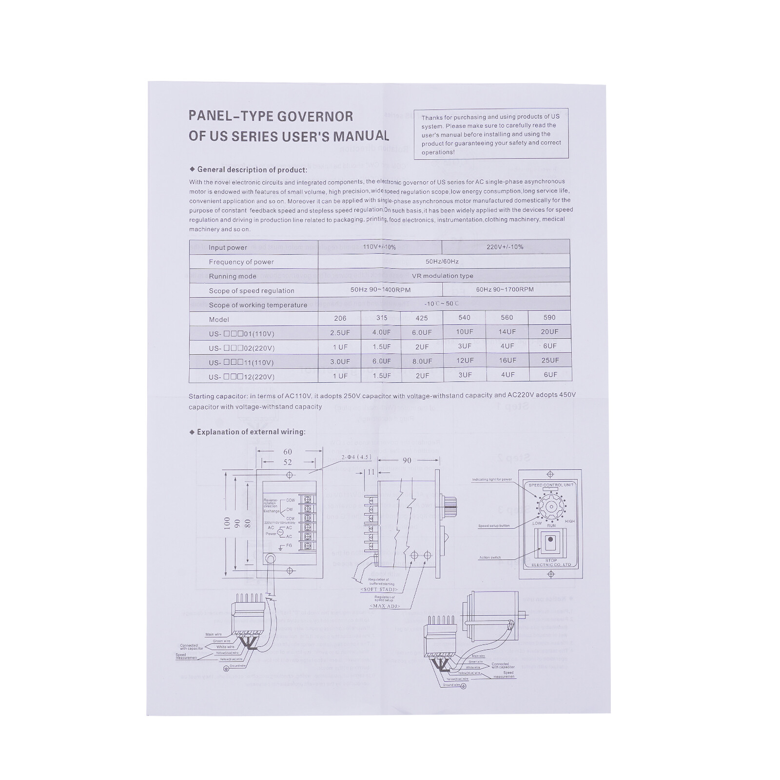 AC110V Gear Motor Electric Motor 25W Variable Speed Controller 90-1350r/min 1:60