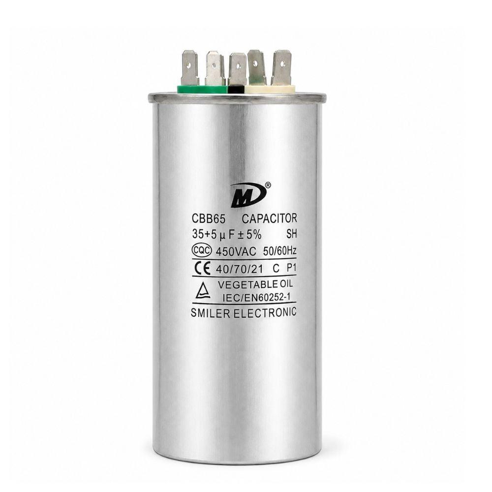Air Conditioner 35/5uf, Round Dual Run Capacitor — 35+5 MFD, 450VAC NEW