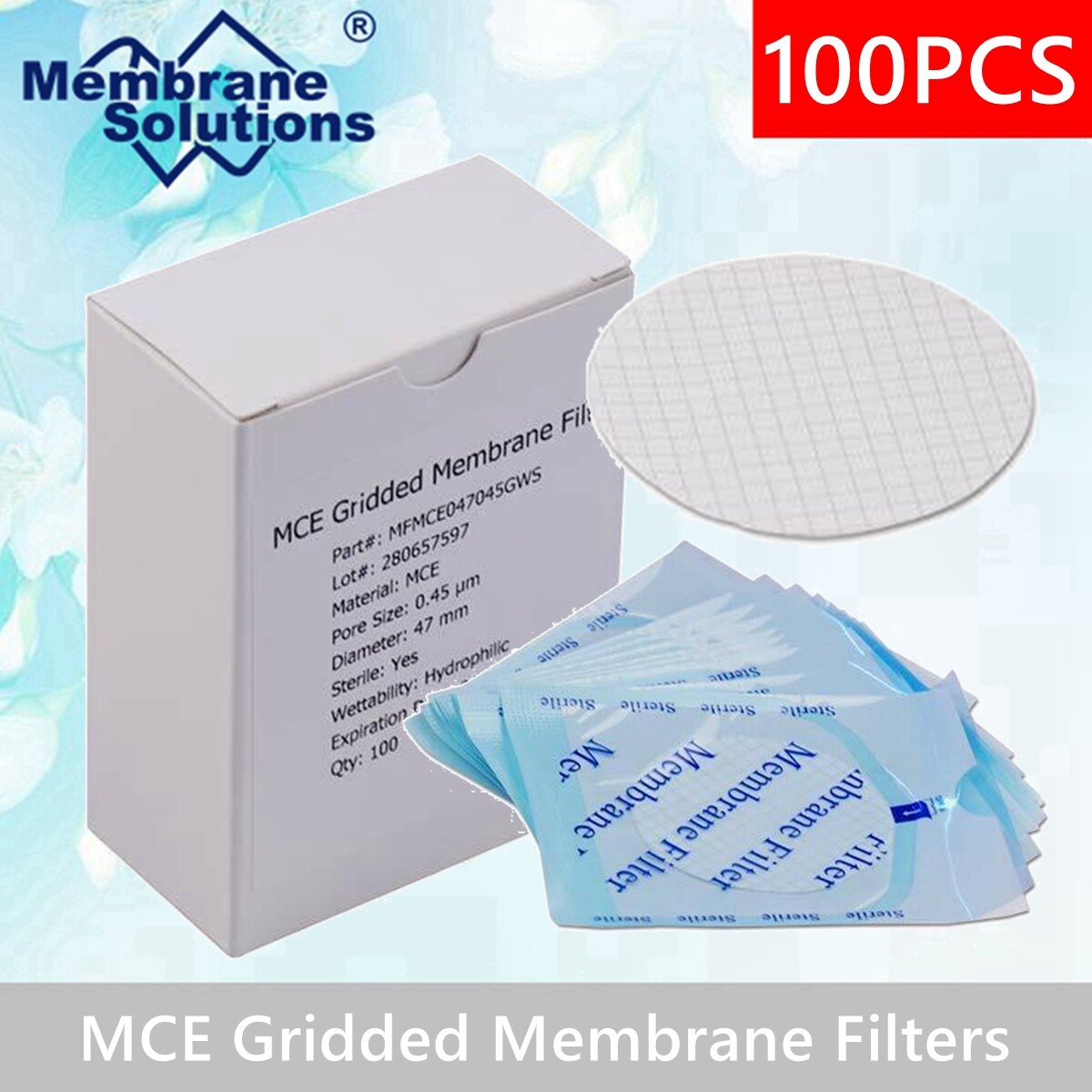 MCE 47mm Microdisc Membrane Filter,0.45μm Pore Hydrophilic,Gridded,Single Filter