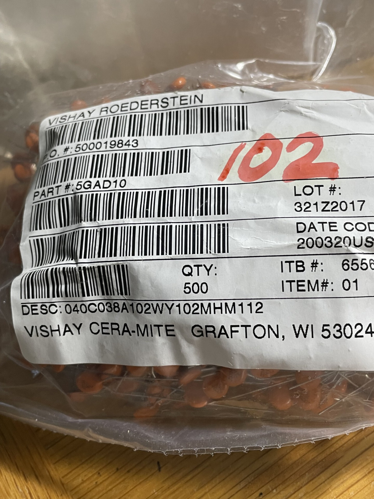 A lot of 20 VISHAY ROEDERSTEIN ceramic disc capacitors 0.001UF 1K V,