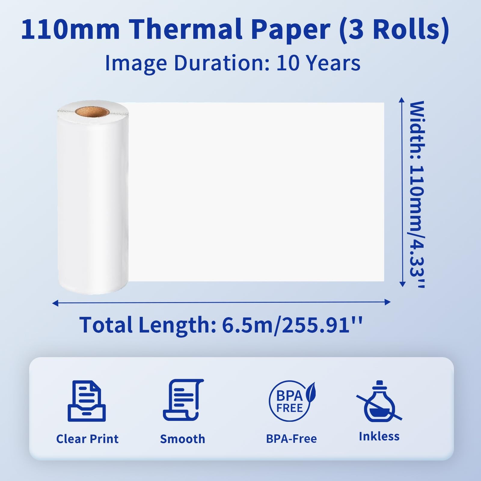 Phomemo 110mm Thermal Printer Paper 3 Rolls, Compatible with 4.33”, white
