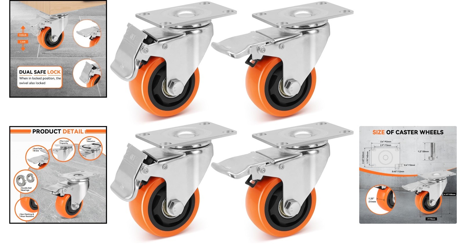 WBD WEIBIDA 3 Inch Swivel Caster Wheels With Brake Set Of 4 1000 Lb