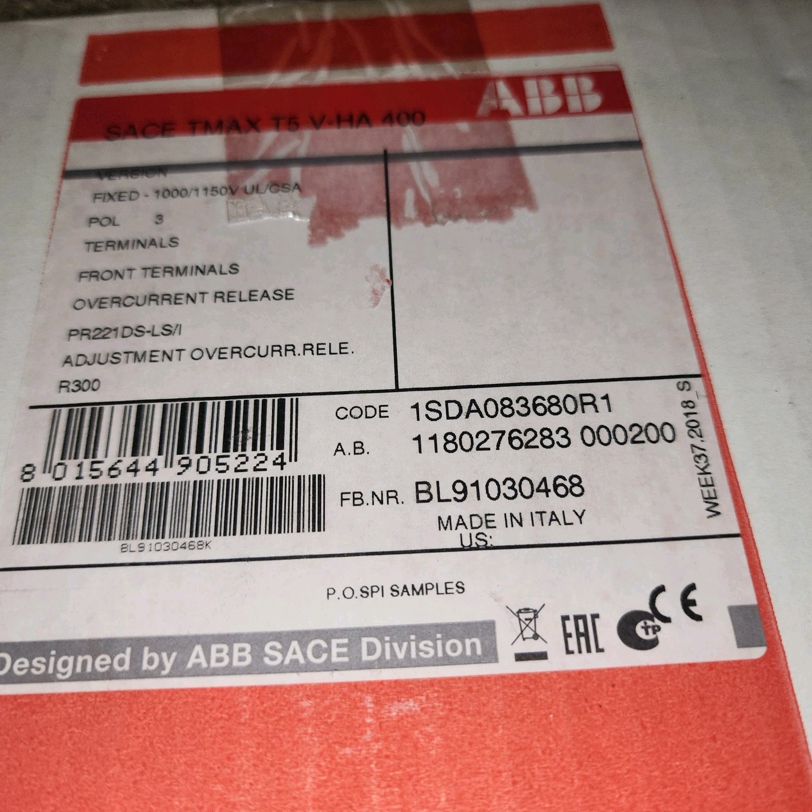 ABB 400A Circuit Breaker New Open Box PR221DS