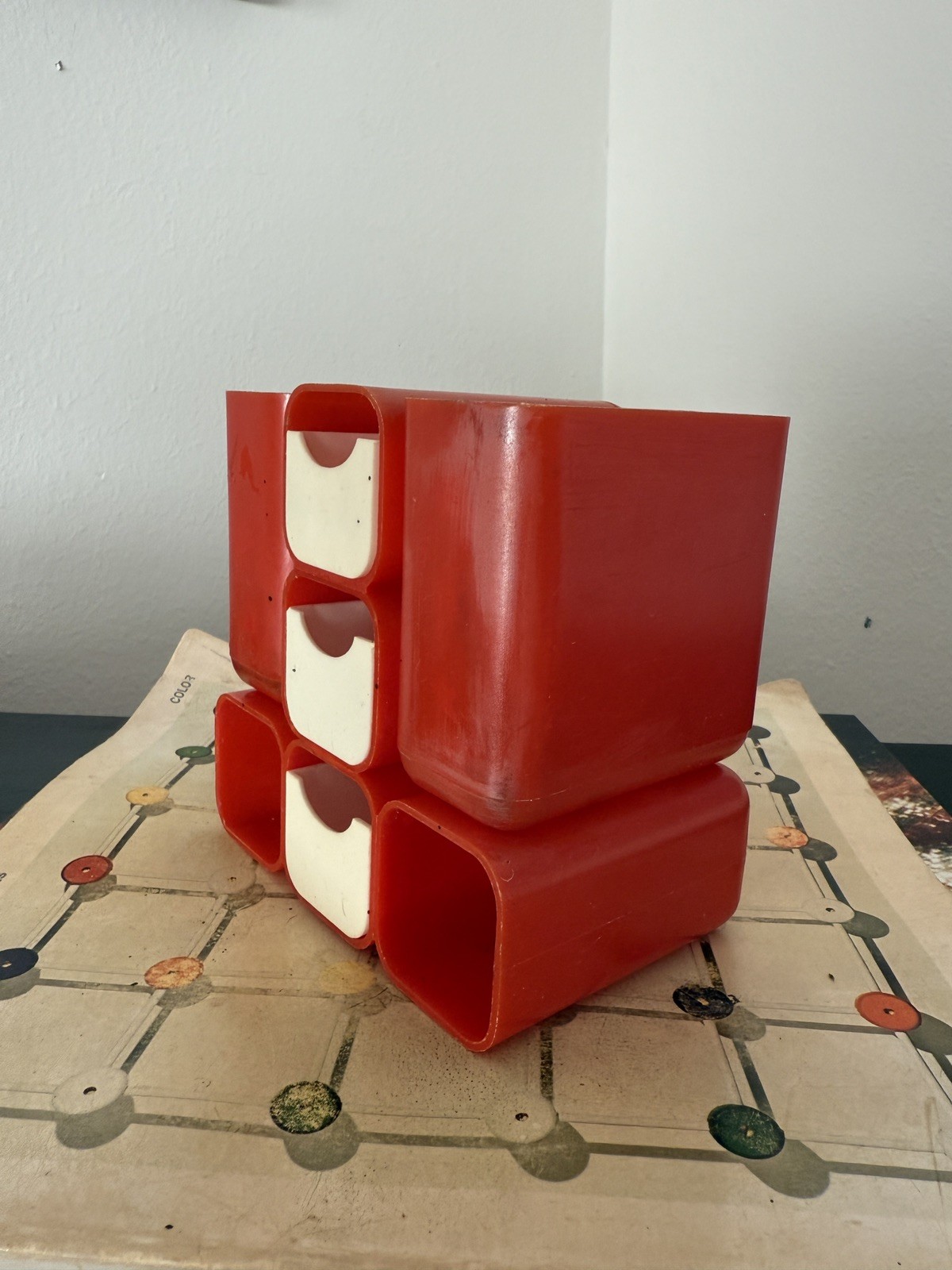 1970s Atomic HOF Red Drawer Desk Organizer, Made in Hong Kong, Set of 2, AS IS