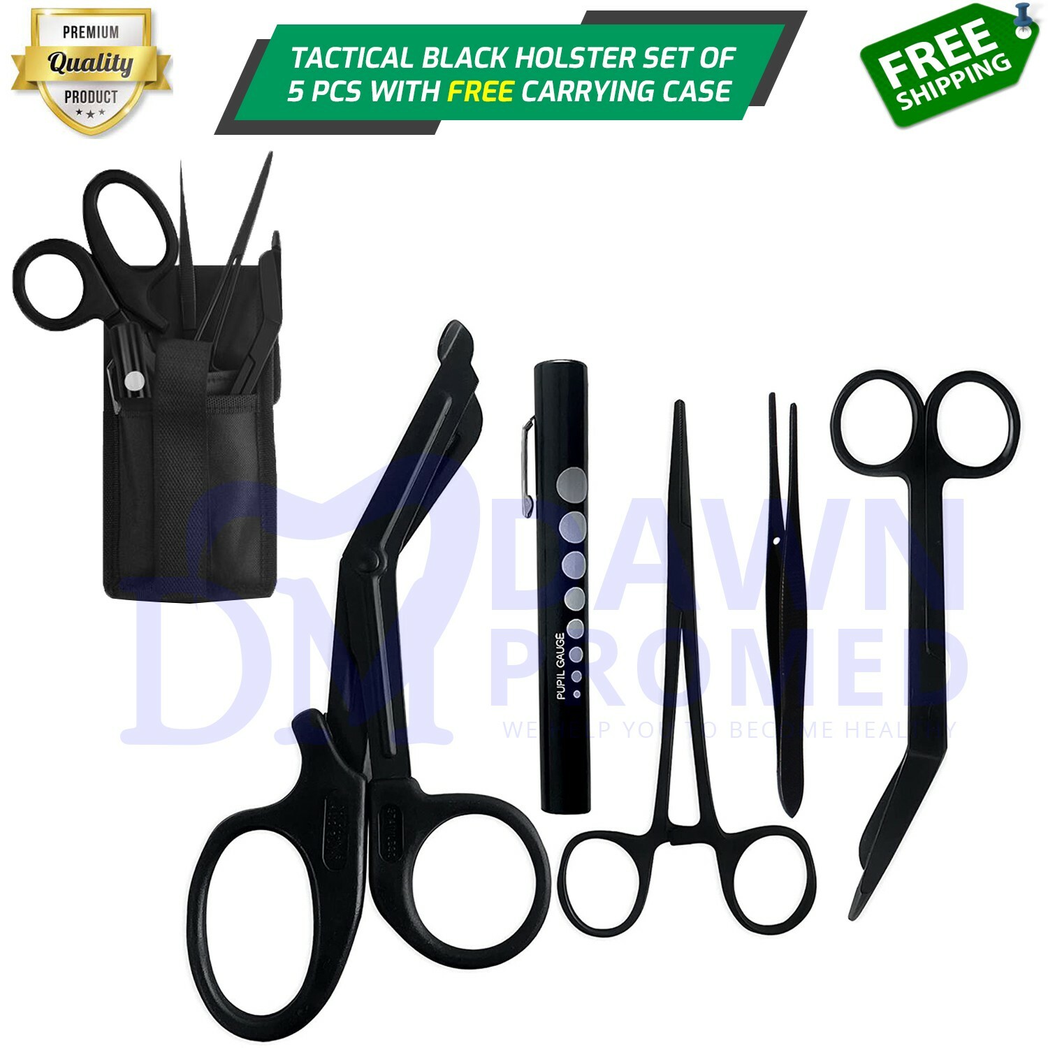 5 Black EMT/ Paramedic Tools Kit Scissors Forceps Shears Penlight with Holster