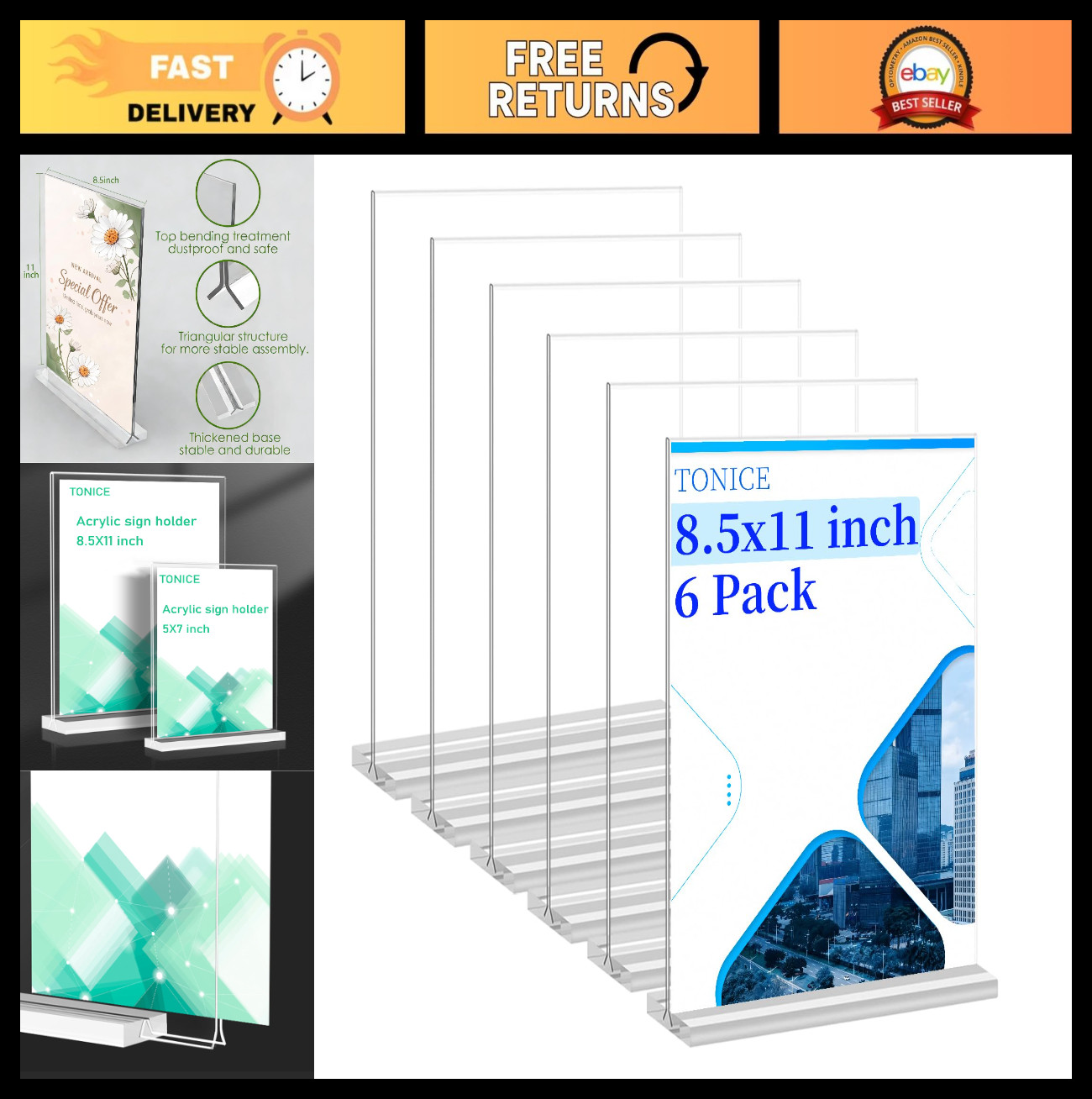 8.5×11 Acrylic Sign Holder 6 Pack – Double-Sided Table Top Display for Office, R