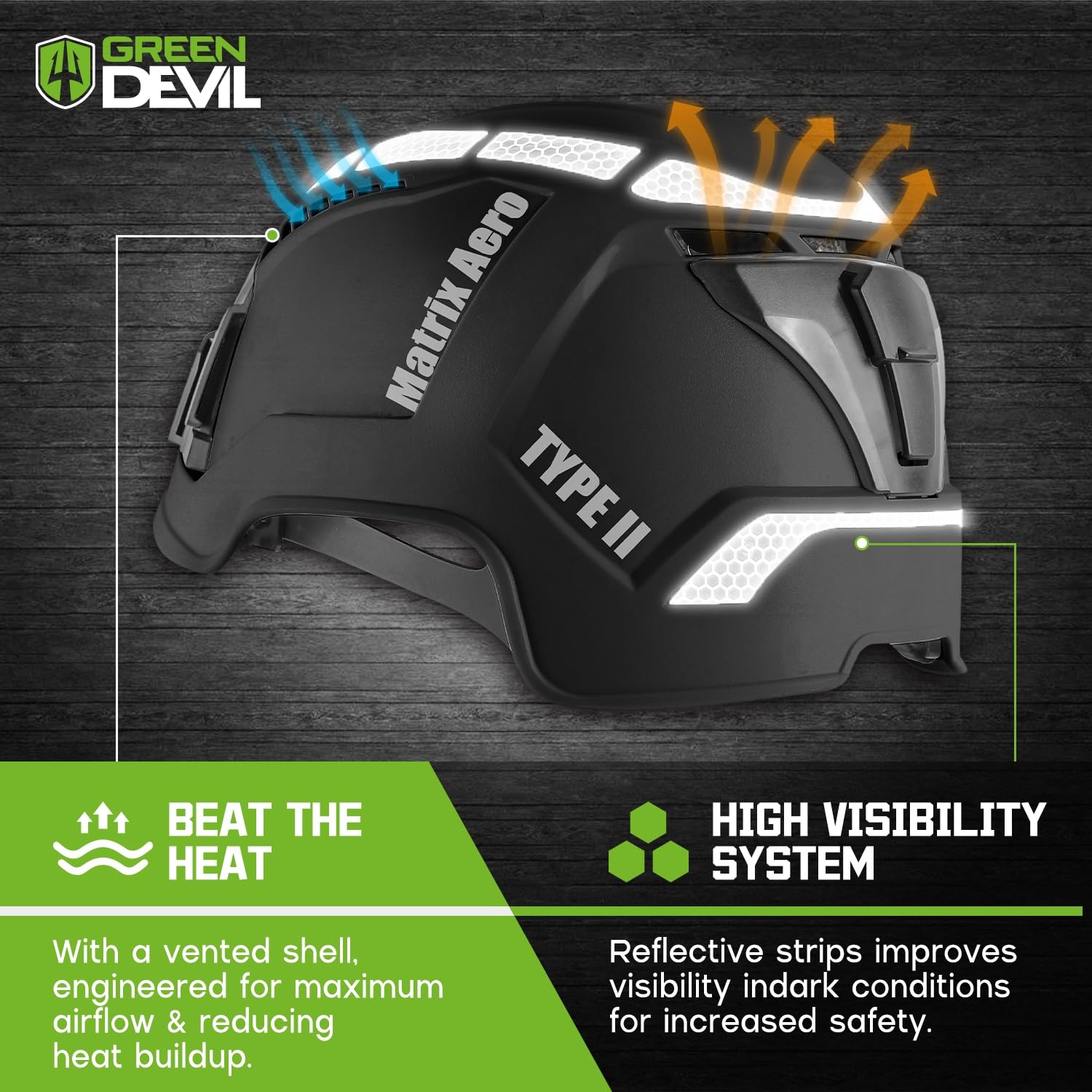 Type 2 Hard Hat Vented Construction Safety Helmet Green Devil with Chin Strap