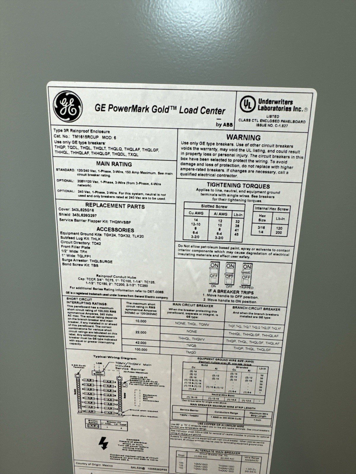GE TM1615RCUP 150Amp 16-Space 32-Circuit Outdoor Main Breaker Load Center (OB)