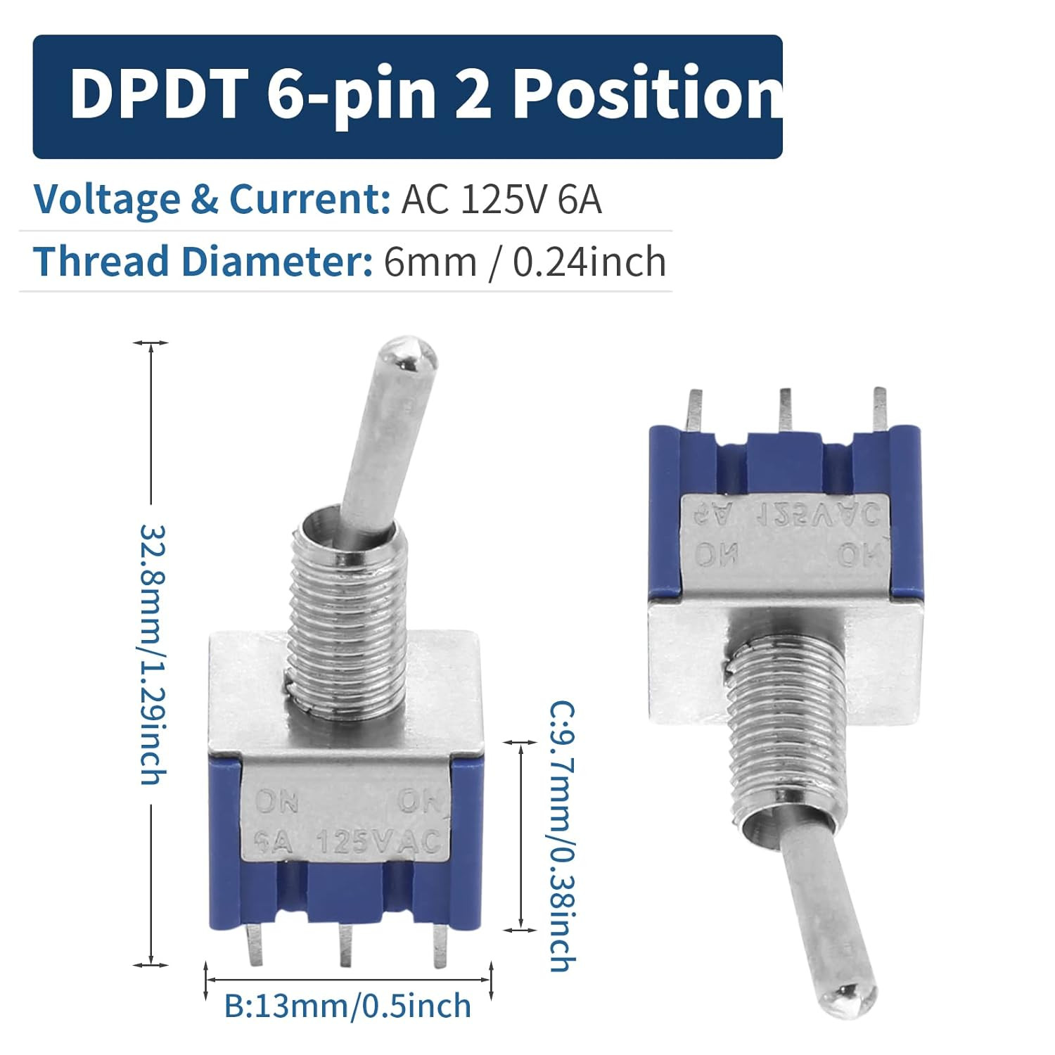 Miniature DPDT On/On 6 Pin 2 Position Latching Mini Toggle Switch AC 125V 6A NEW