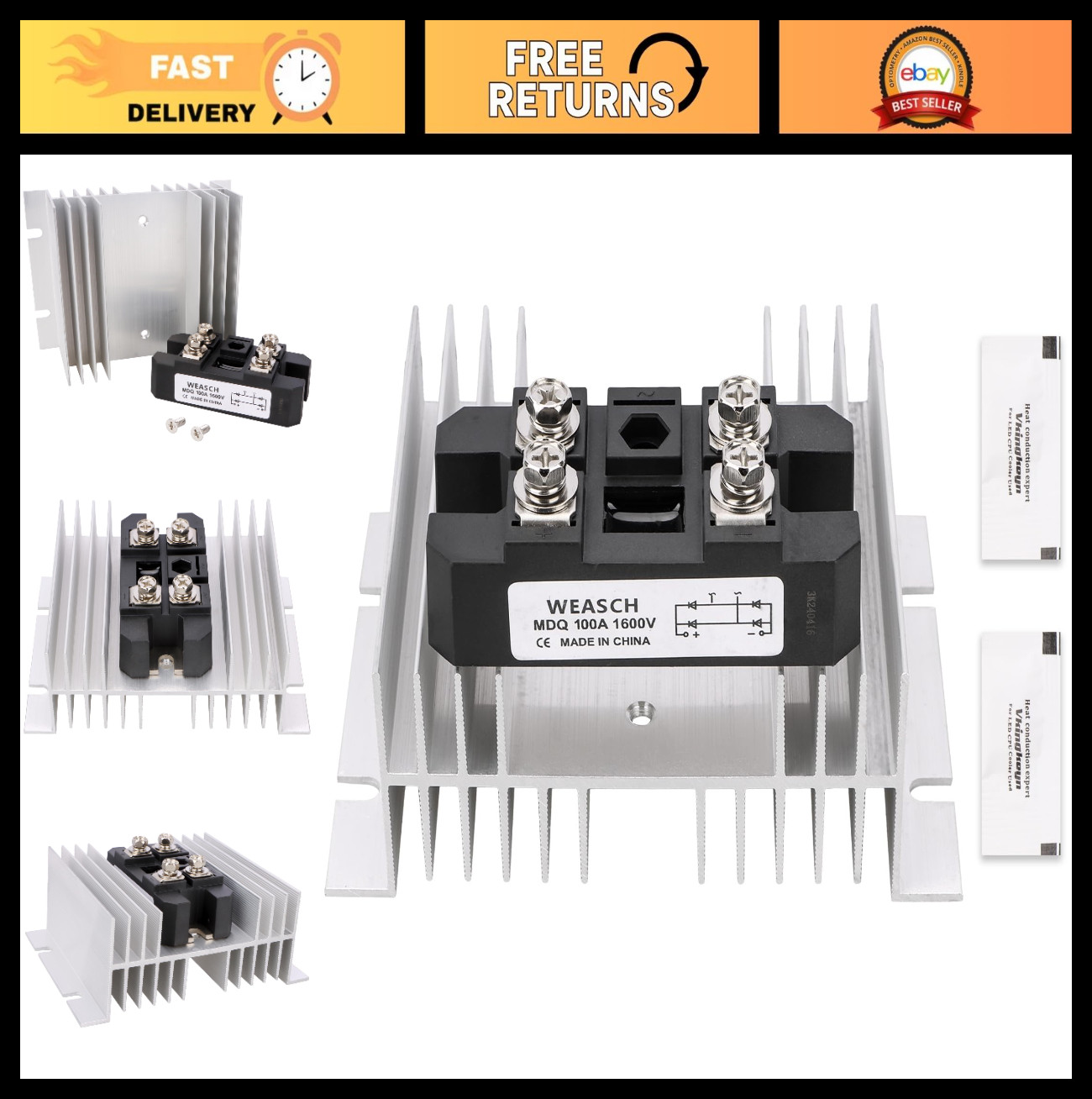 100A Bridge Rectifier Module, AC to DC Full Wave Diode, 1600V, Single-Phase, Hea
