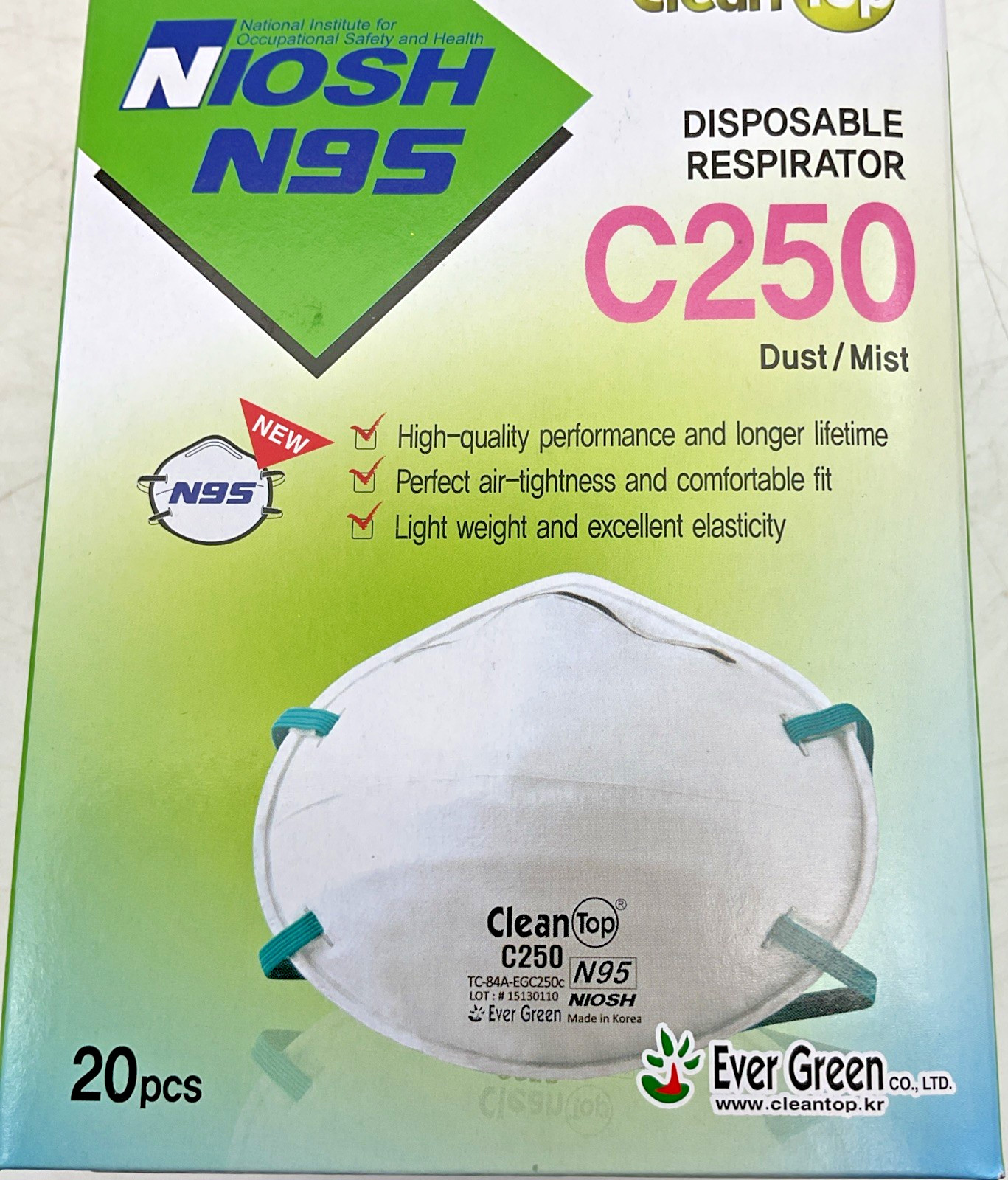 Clean Top Ever Green NIOSH N95 Particulate Respirators 1 CS/24 Boxes of 20