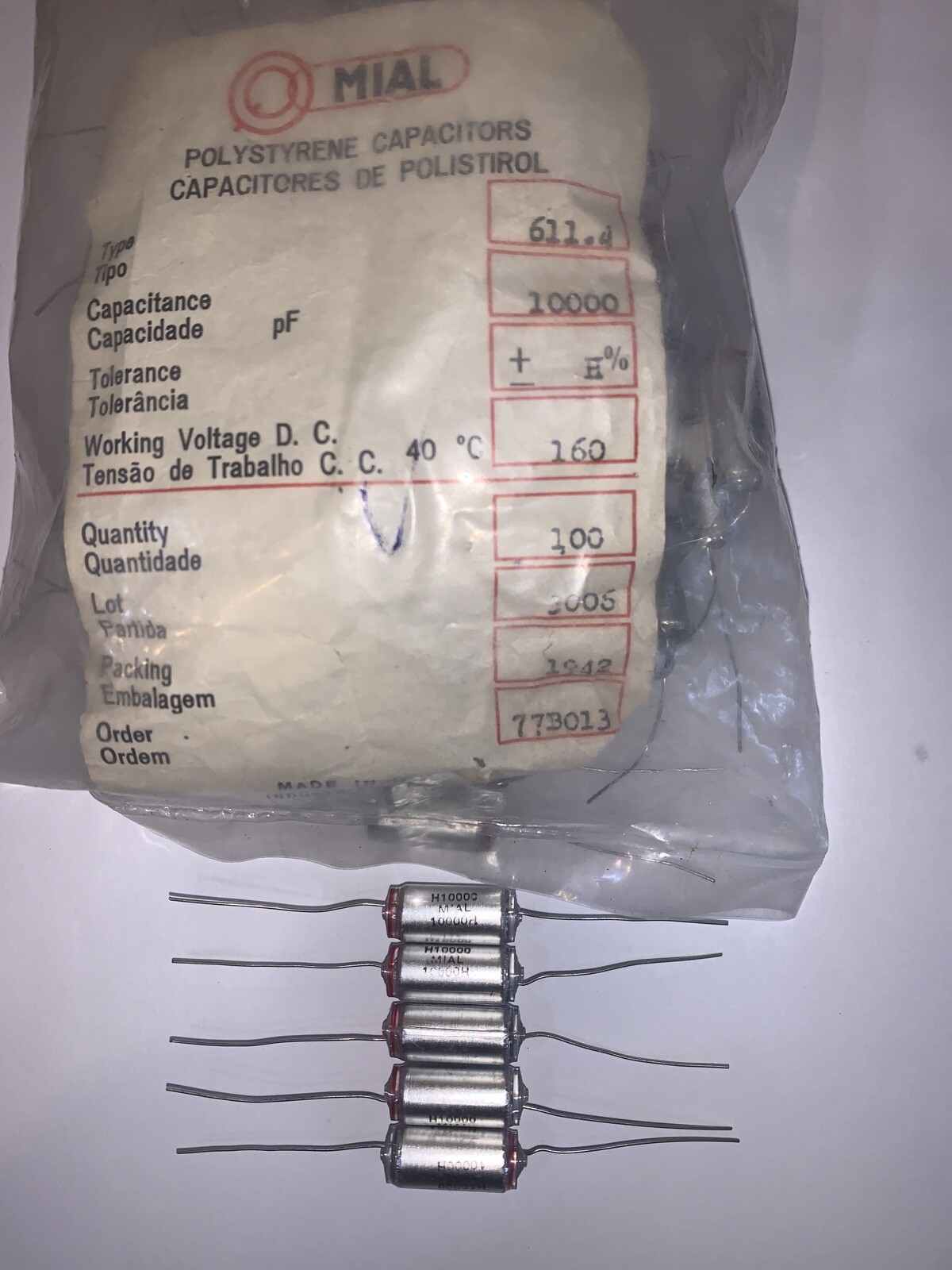 10,000 pF 160 volt Polystyrene Capacitor Tolerance +/- H% By MIAL NEW QTY (5)