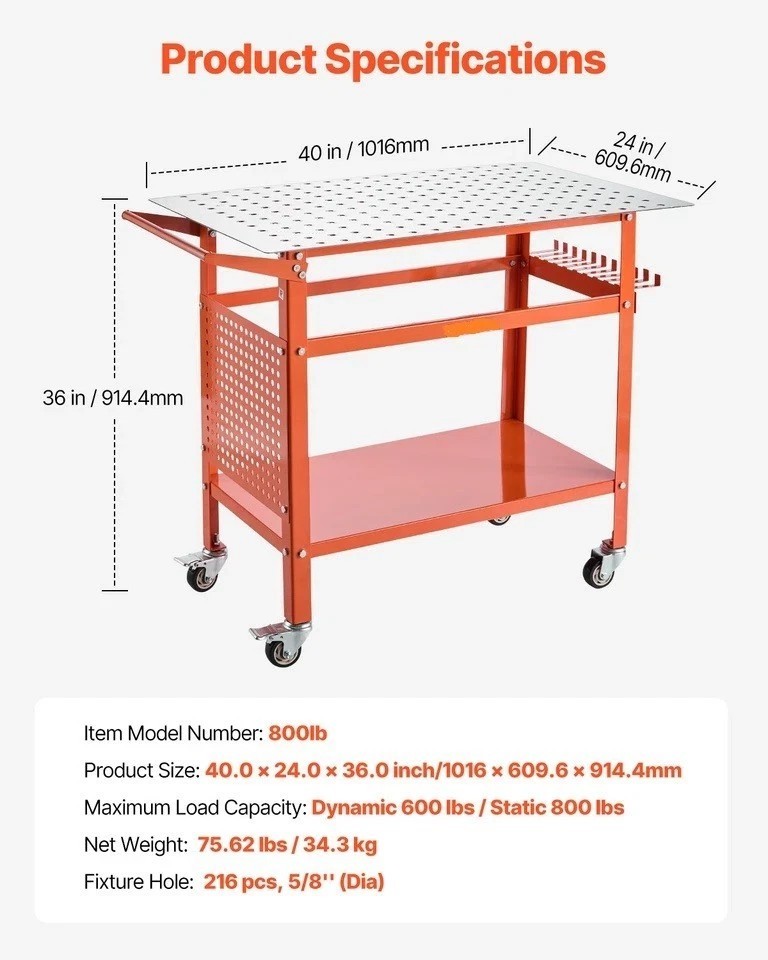 Welding Table 40″x24″ Welding Table with 800LBS Static Weight Capacity