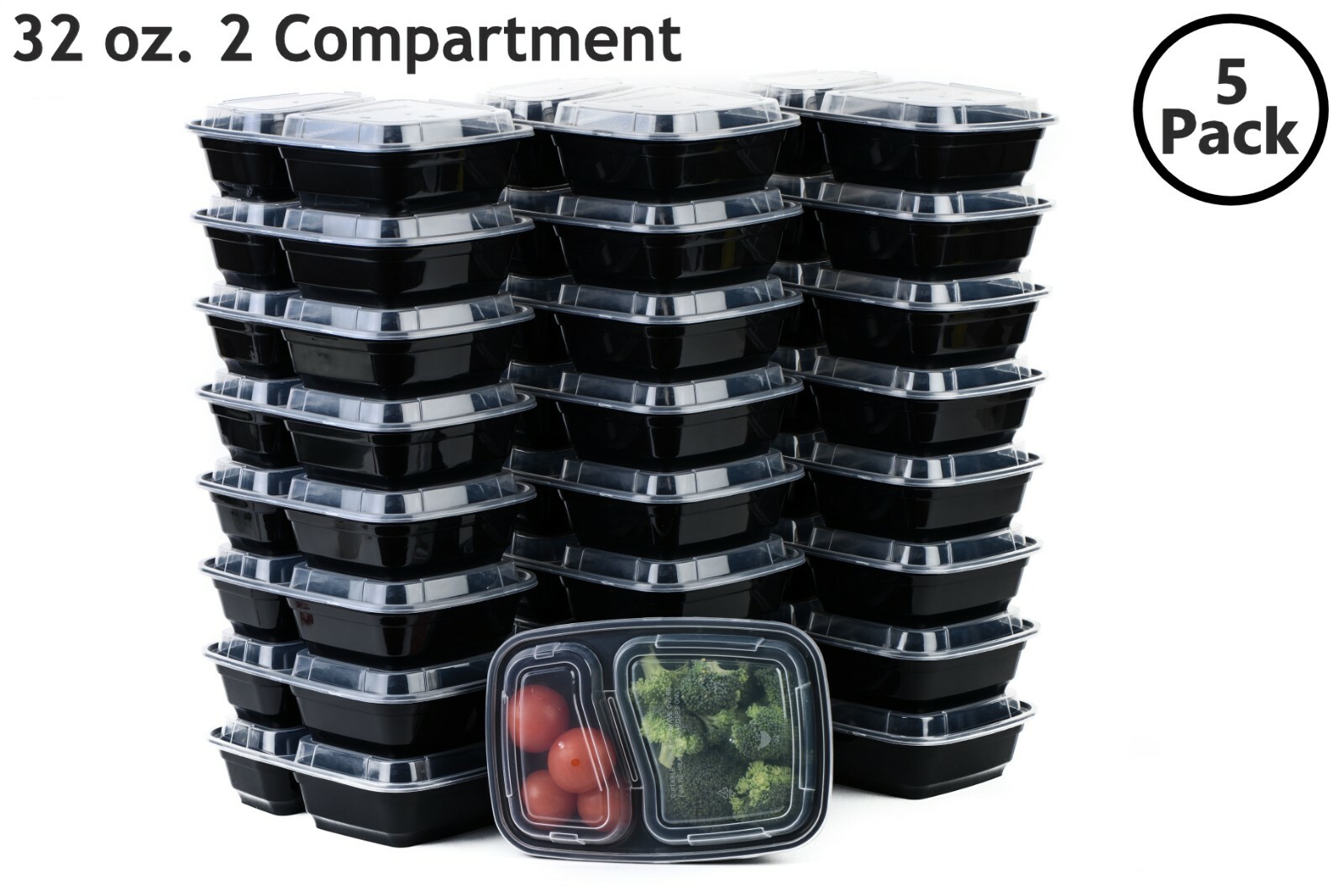 5 Set Microwavable Food Containers with Lids BPA Free Reusable Meal Prep 32 Oz.