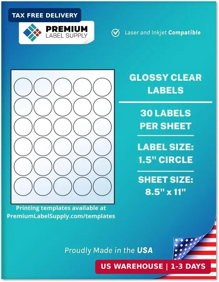 Premium Label Supply Glossy Clear Sticker Round Labels – 1.5″ Circle – Laser/Ink