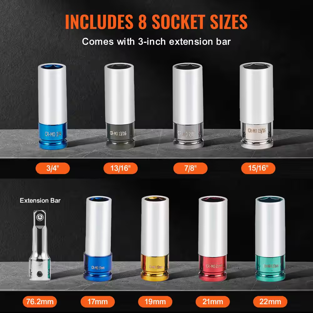 Lug Nut Impact Socket Set, 1/2 In. Drive Metric and SAE 6-Point Deep Socket Set,