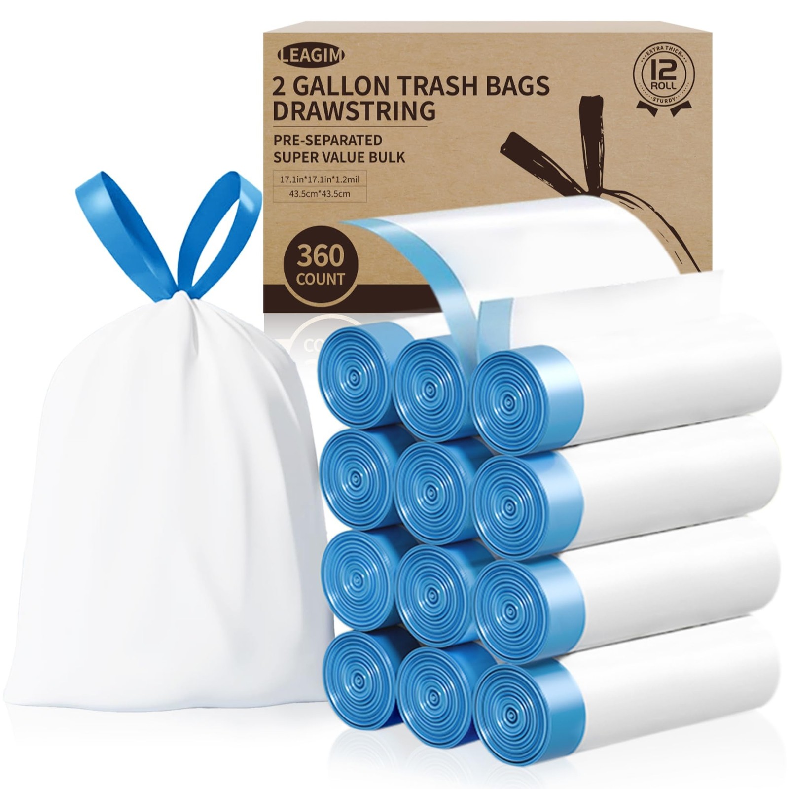 Small Trash Bags 2 Gallon, 360 Count -1.2 Mil Drawstring Mini Garbage Bags, W…