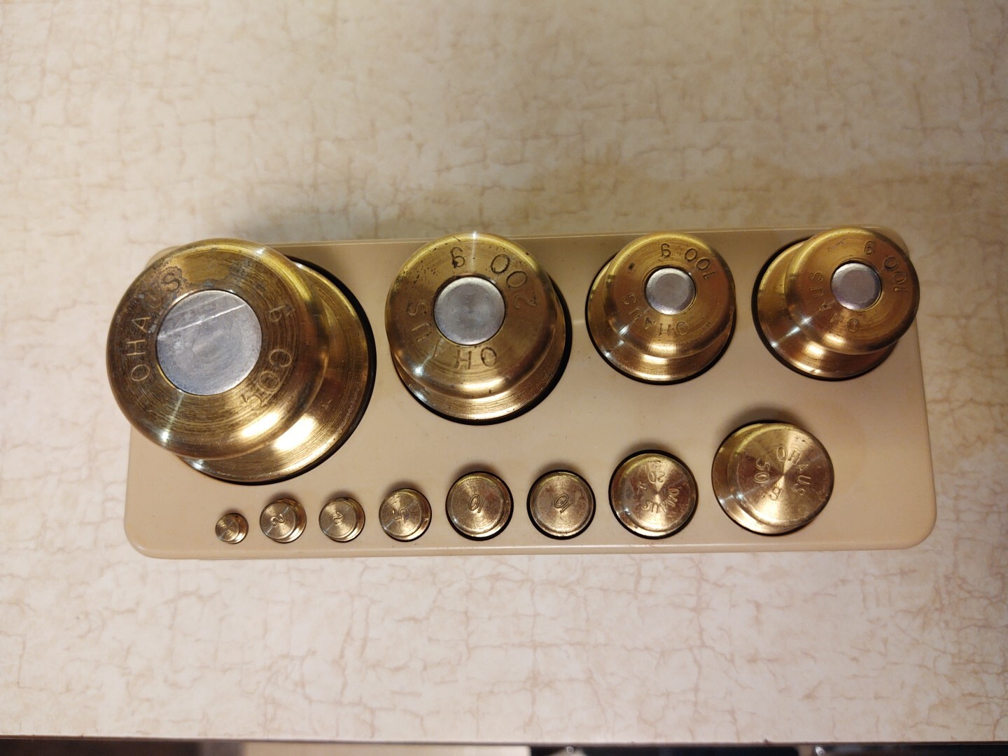 Vintage 12 Piece Ohaus Pharmaceutical Brass Calibration Weight And Plastic Case