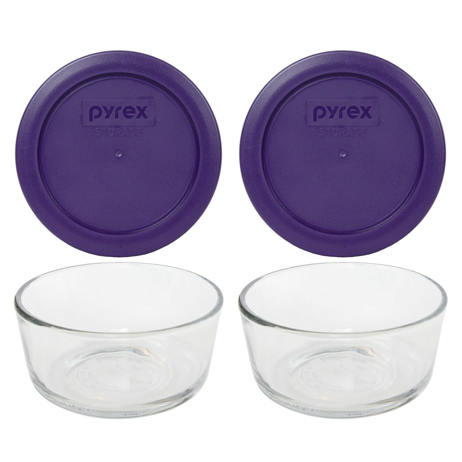 Pyrex 7200 2-Cup Glass Food Storage Bowl w/ 7200-PC Plum Purple Lid (2-Pack)