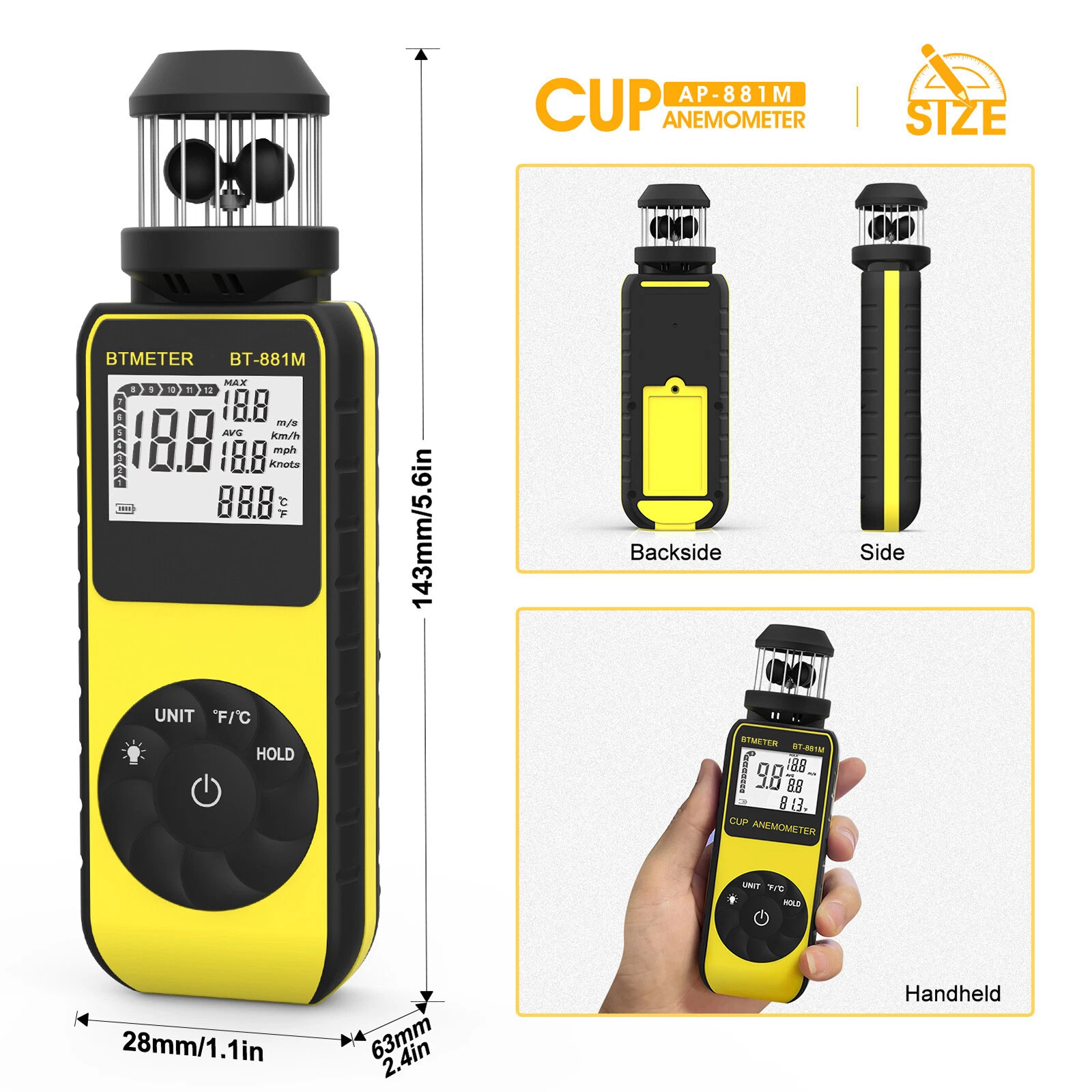 Anemometer Wind Speed Meter & temp LCD Backlight Data Hold mph/℉ Air Flow Gauge