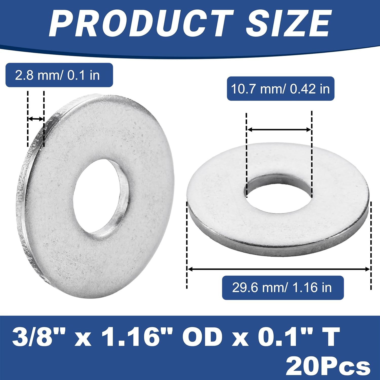 20 Pcs 3/8″ Fender Washers Stainless, 3/8″ ID X1.16 OD X 0.1″ Thick, Large Fende