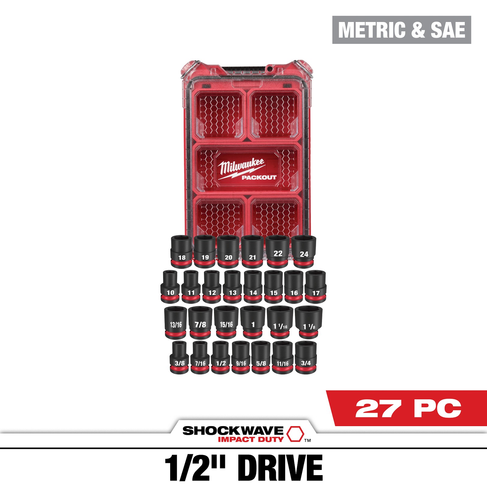 Milwaukee Tool 49-66-6804 27Pc SHOCKWAVE Impact Duty Socket 1/2” Drive mm & SAE
