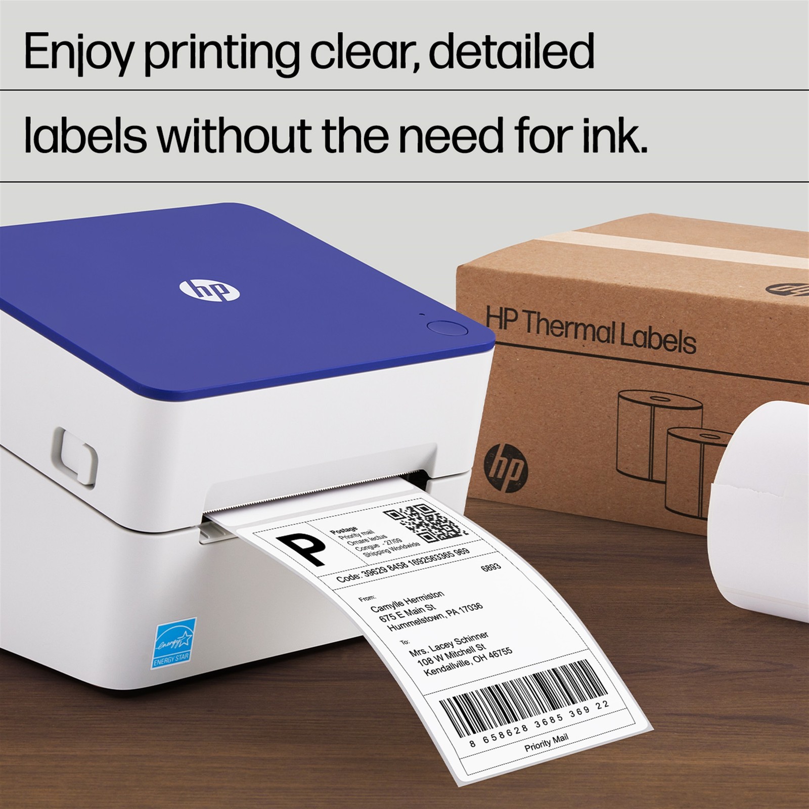 HP 4×6 Direct Thermal Shipping Labels, 500 Labels on 2 Rolls for Label Printers