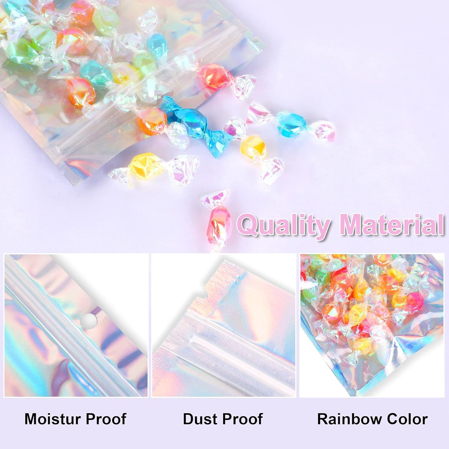100/200 Holographic Mylar Foil Bags Smell Proof Resealable Zip Lock Pouch Black