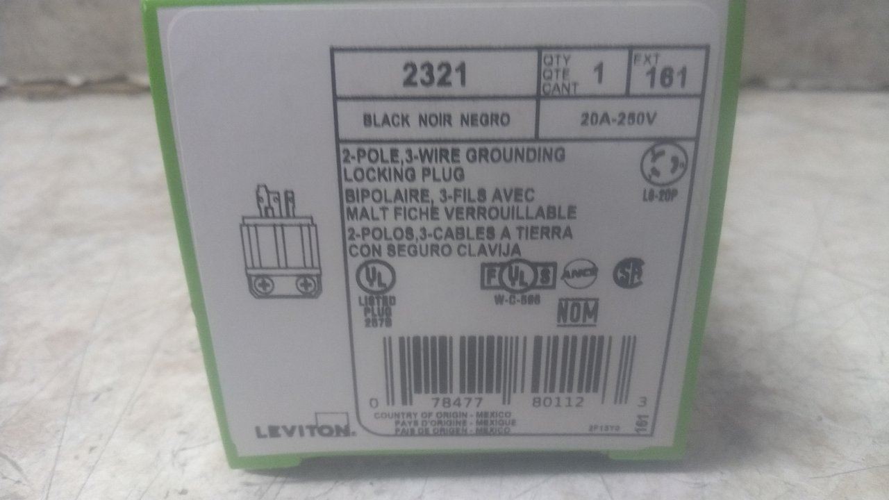 Leviton 2321 10 Pk 250VAC 20 A L6-20P NEMA Plug Configuration Locking Plug (AW)