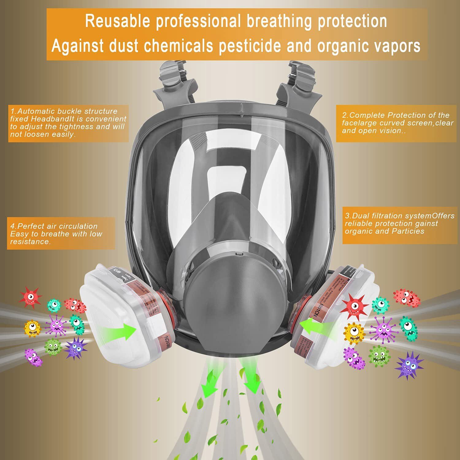 Full Face Respirator Gas Mask for Chemical Organic Vapors Dust Painting Spraying