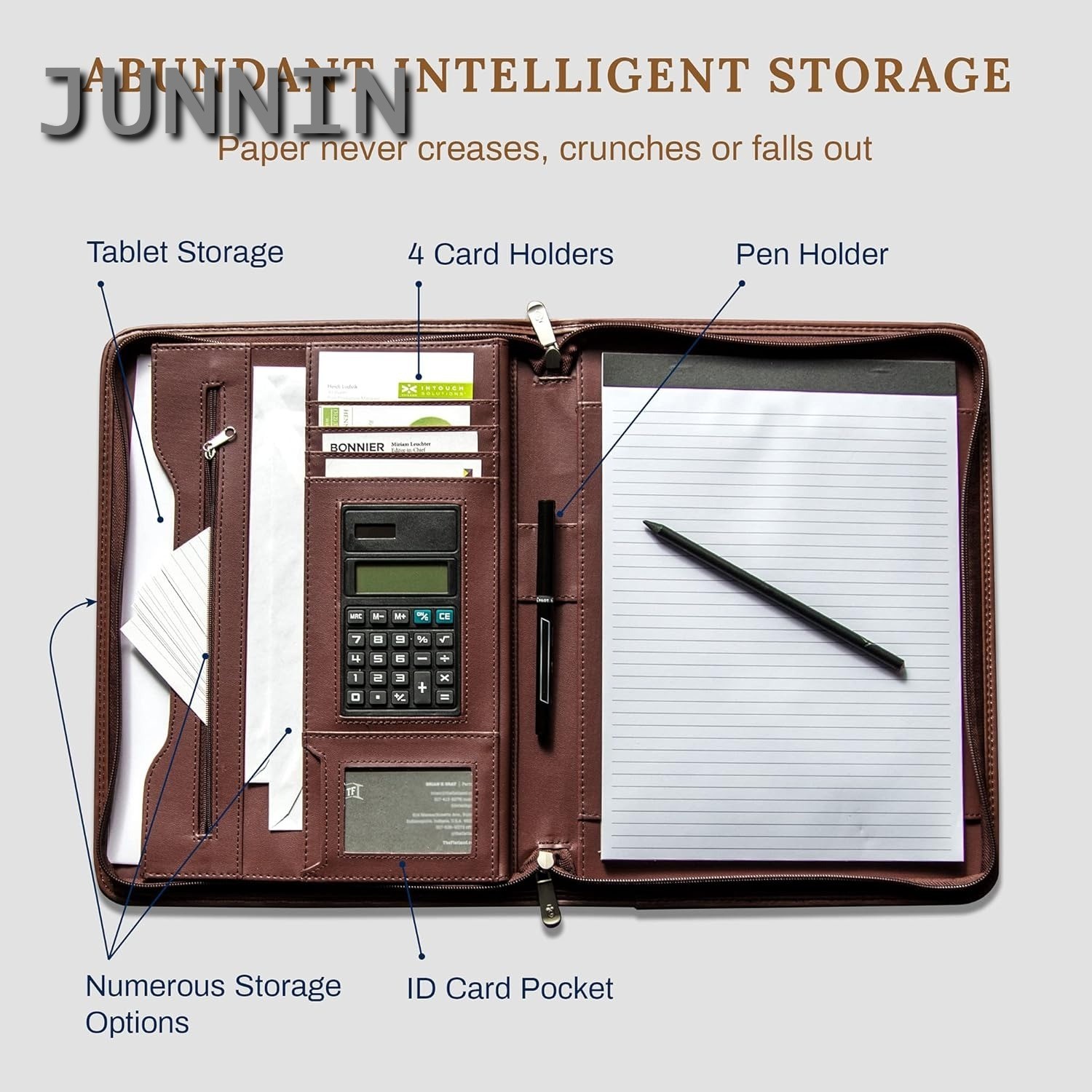 Brown PU Leather Business Portfolio Zipper Padfolio Tablet Sleeve Solar Calculat
