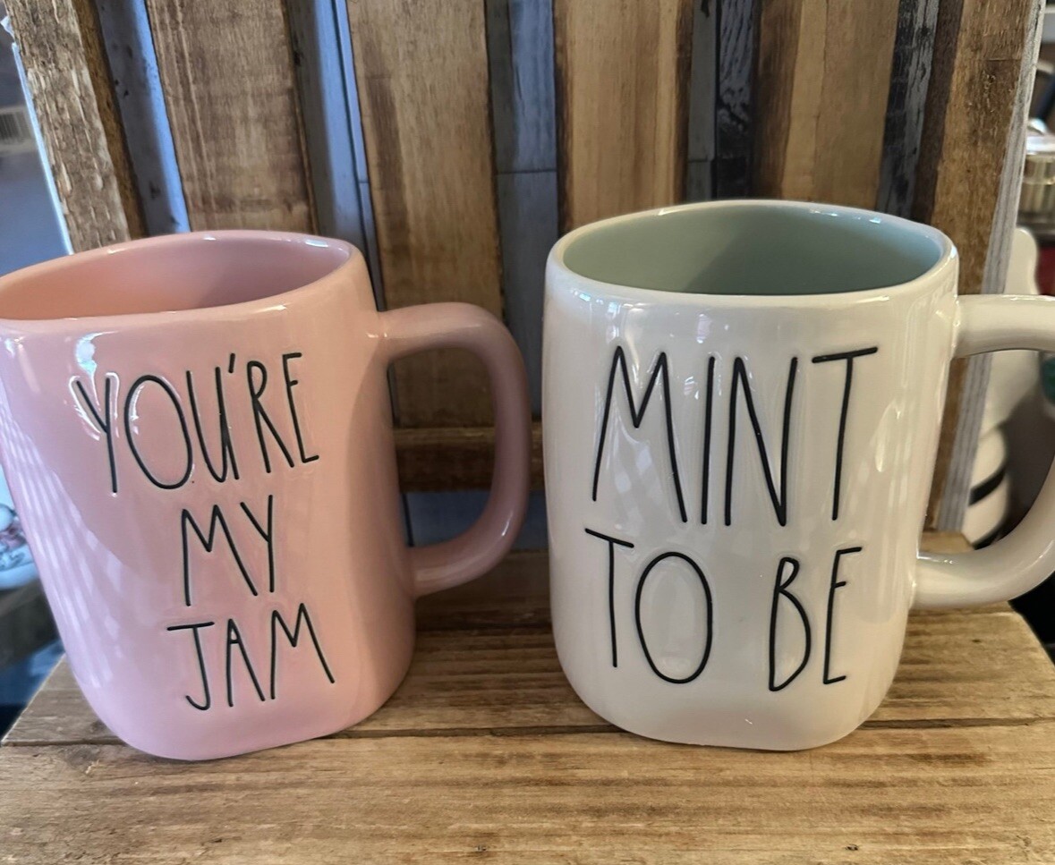 Rae Dunn Set Of 2 Ceramic Mug Valentine’s «YOU’RE MY JAM» and «MINT TO BE» Mugs