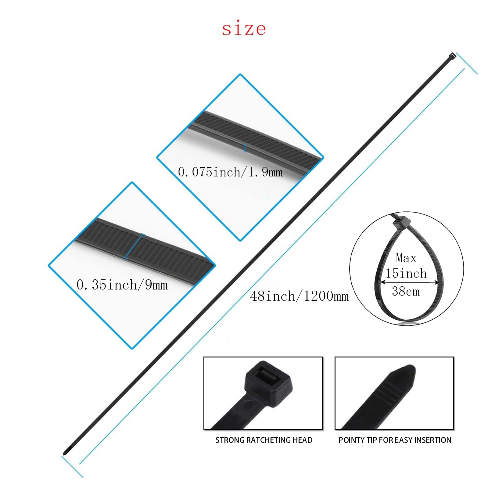 EzySup 48 Inch Extra Long Zip Ties 48 Inch,175 Pounds Tensile Strength, Black