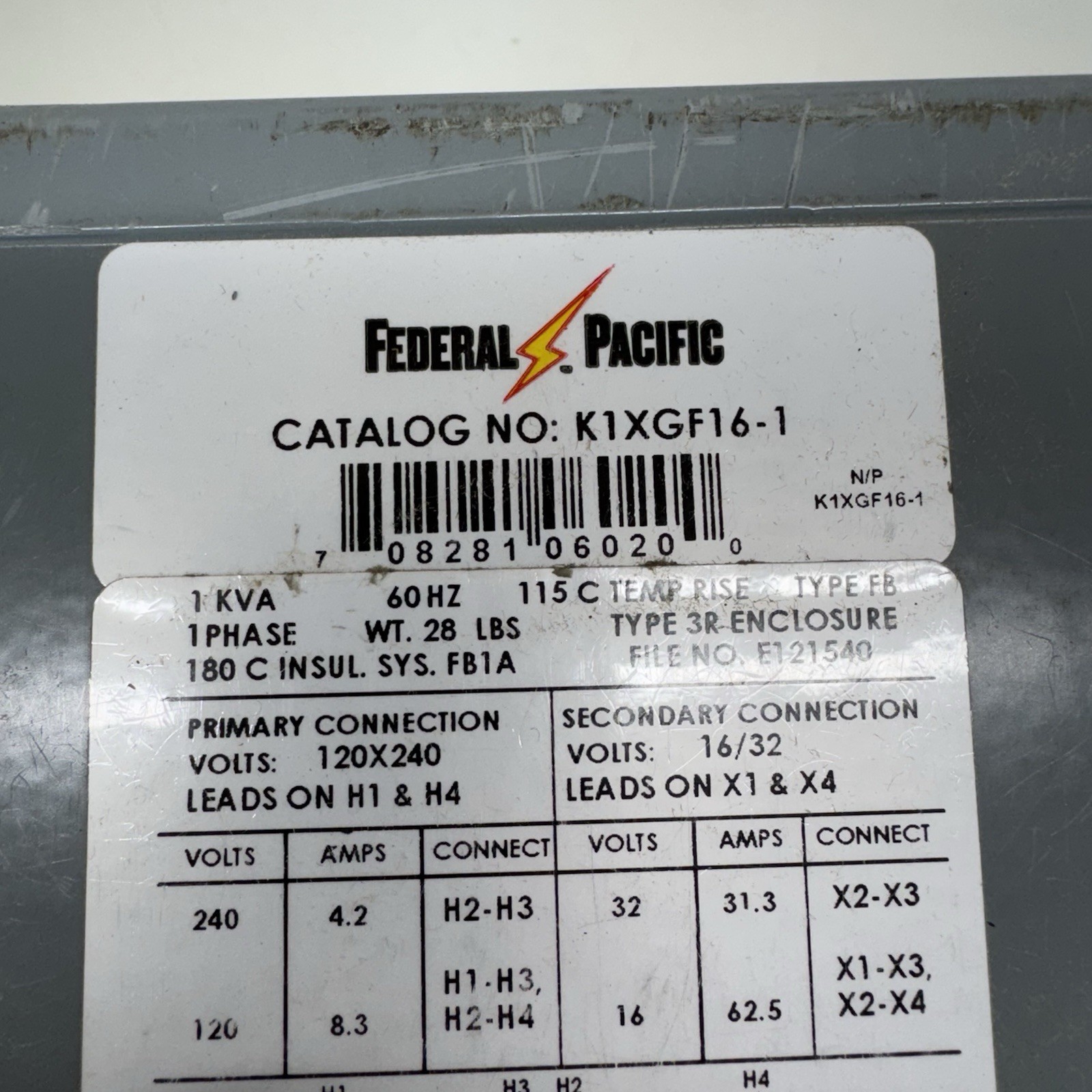 Federal Pacific K1XGF16-1 Single Phase Buck Boost Dry Type Transformer *NOS*
