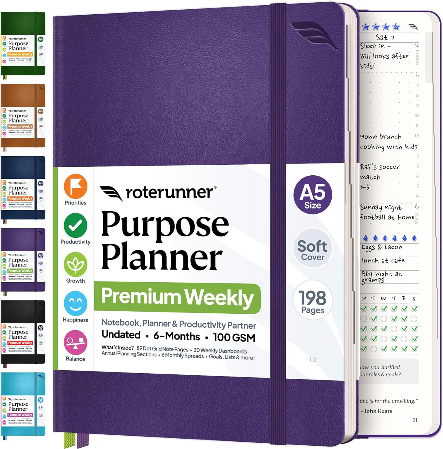 Roterunner Purpose Planner Notebook A5 5.8”x8.3” Undated 2026 Daily Weekly and M