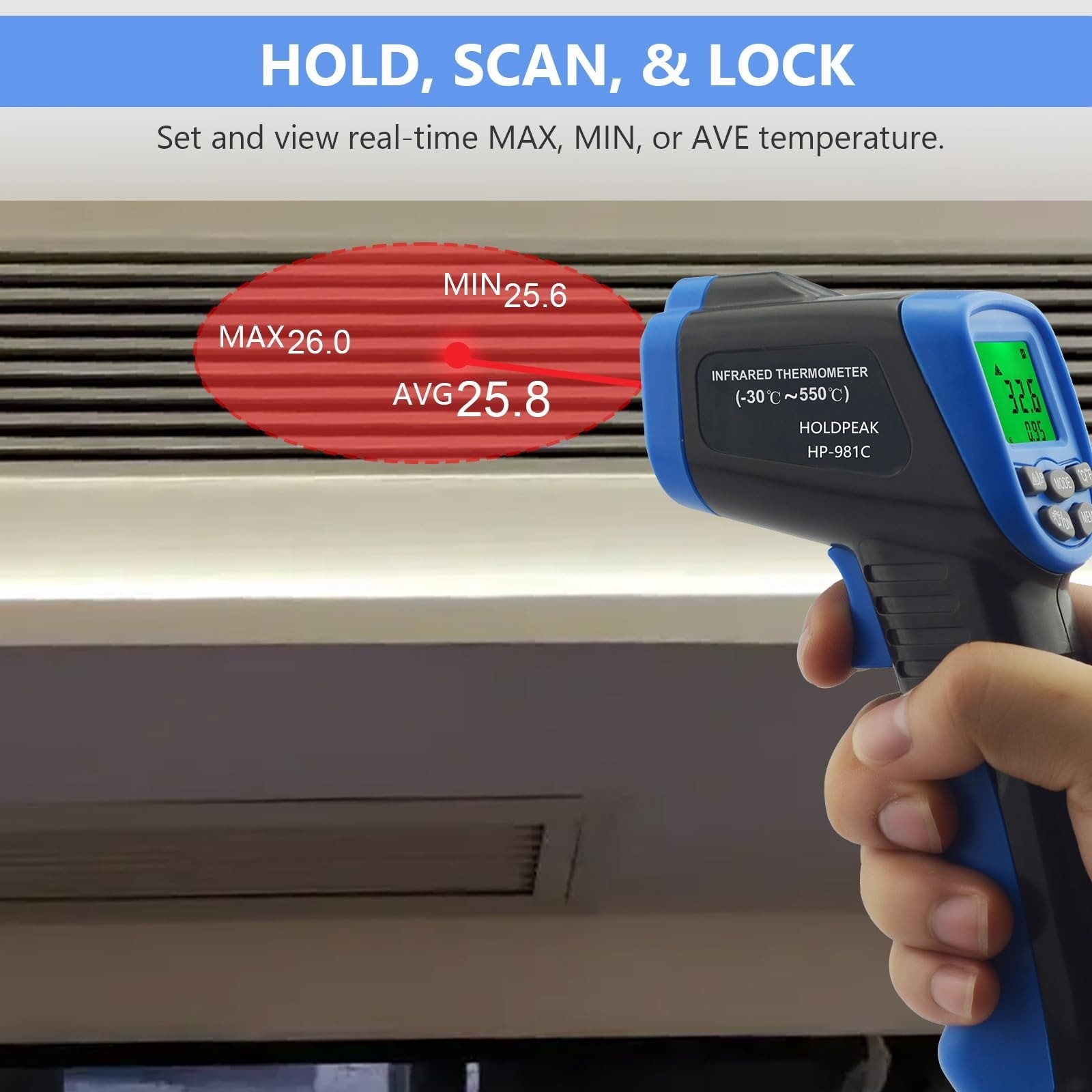 HOLDPEAK 981C Infrared Laser Thermometer -58 to 1022°F 550°C